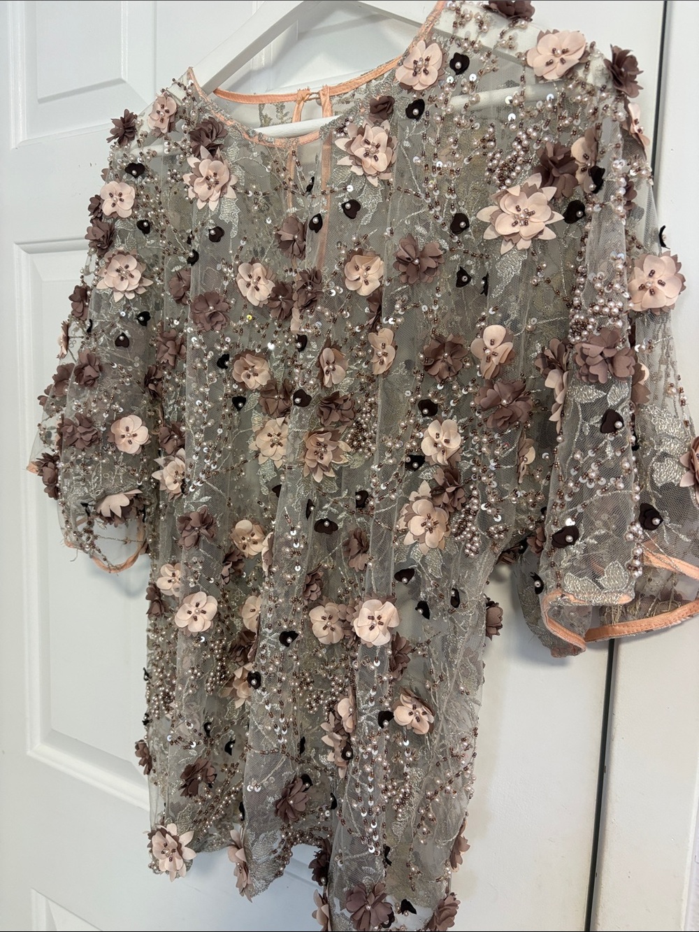 Girls Embellished Floral Tulle Dress in Blush and Taupe